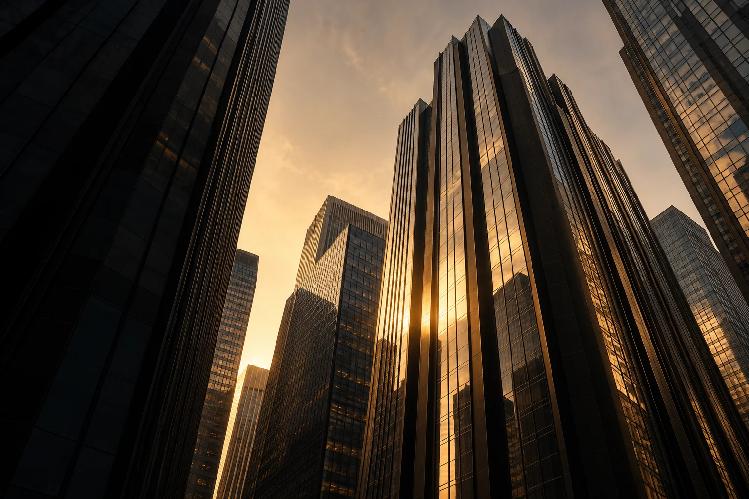 Illustrative architectural view of glass towers reflecting warm sunlight